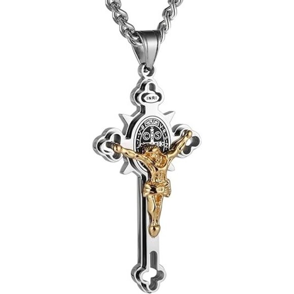 Large Silver & Gold Stainless Steel St Benedict Crucifix Cross Pendants Necklace
